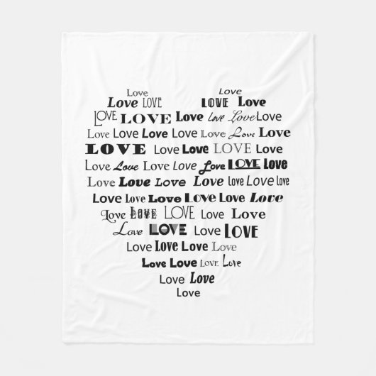 Love Heart Word Cloud - Zwart op Wit Fleece Deken (Voorkant)