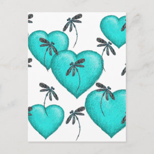 Love Hearts and Dragonflies Turquoise Briefkaart