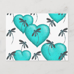 Love Hearts and Dragonflies Turquoise Briefkaart