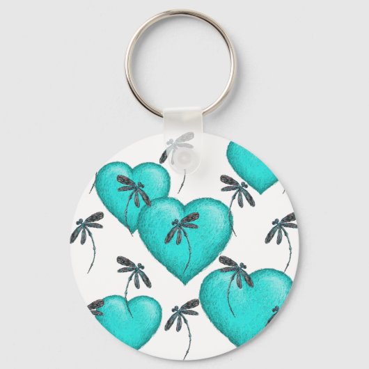 Love Hearts and Dragonflies Turquoise Sleutelhanger (Voorkant)