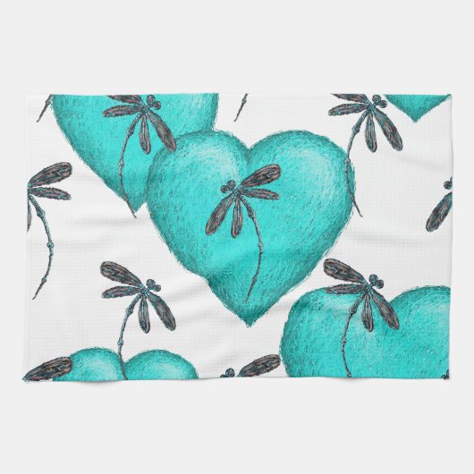 Love Hearts and Dragonflies Turquoise Theedoek (Horizontaal)