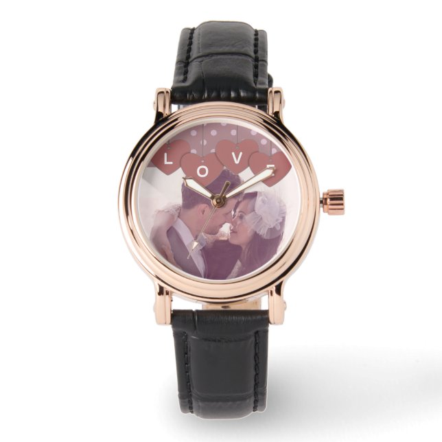 Love Hearts Banner Romantic Overlaid Custom Photo Horloge (Voorkant)