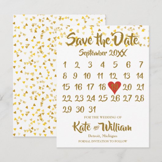 Love Hearts Confetti Calendar Bewaar de datum Aankondigingskaart (Voorkant / Achterkant)