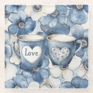 Love Hearts Cups Blauw Jean Denim Bloem Glazen Onderzetter