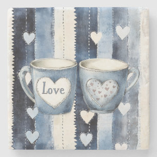Love Hearts Cups Blauw Jean Denim Stenen Onderzetter