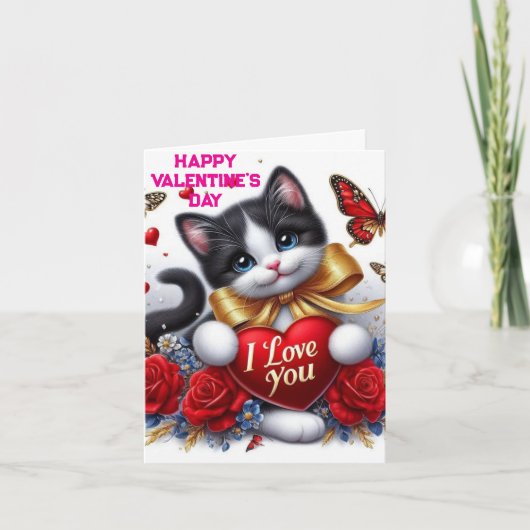 Love Hearts Cute Cat and Roses Valentines Day Kaart (Voorkant)