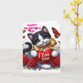 Love Hearts Cute Cat and Roses Valentines Day Kaart (Gele Bloem)
