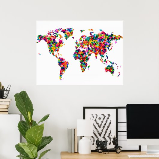 Love Hearts Map of the Wereldkaart Poster (Thuiskantoor)