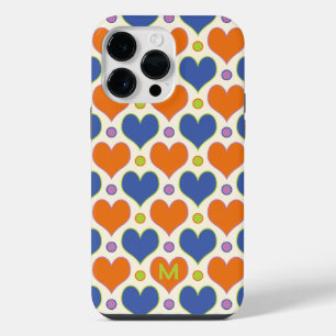 Love Hearts & Polka Dots patroon in blauw & Sinaas iPhone 14 Pro Max Hoesje