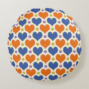 Love Hearts & Polka Dots patroon in blauw & Sinaas Rond Kussen
