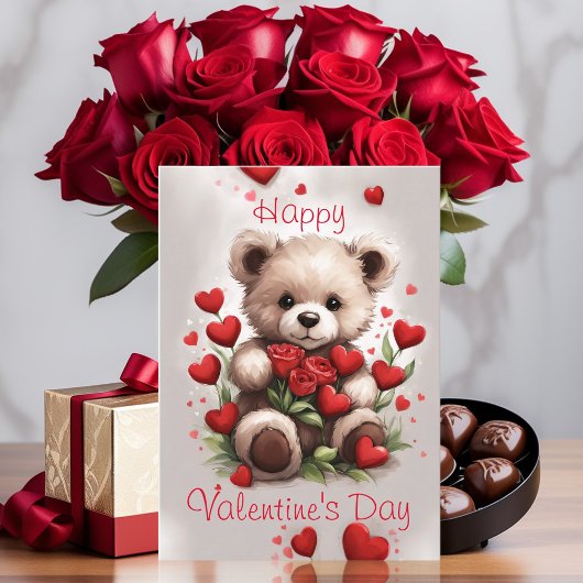 Love Hearts Teddy Bear en Rozen Valentijnsdag Kaart