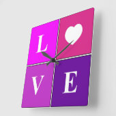 LOVE ~ Helder en vrolijk, vierkante wandklok (Hoek)