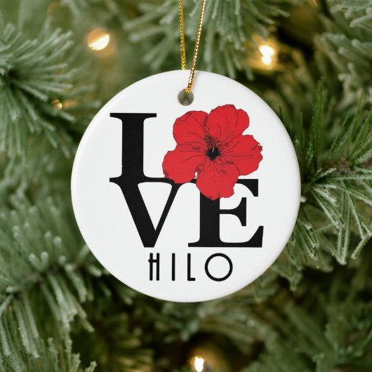 LOVE Hilo Hawaii Red Hibiscus Keramisch Ornament (Boom)