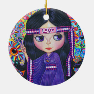 Love Hippie Girl Peace Sign Big Eyes Paars Cute Keramisch Ornament