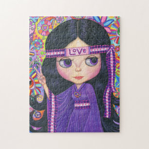 Love Hippie Girl Peace Sign Big Eyes Paars Legpuzzel
