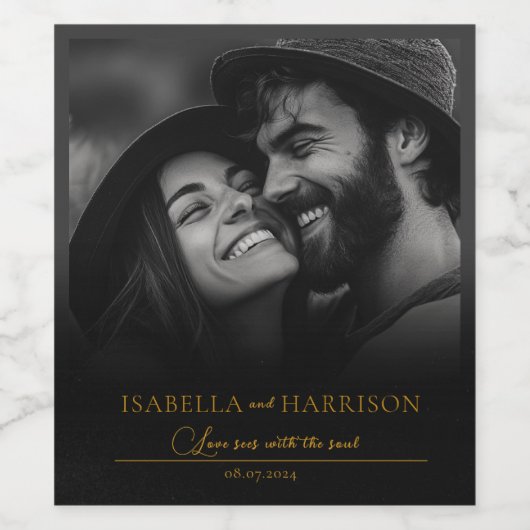 Love I Happy Couple Custom Photo Zwart en Goud Wijn Etiket (Enkel label)