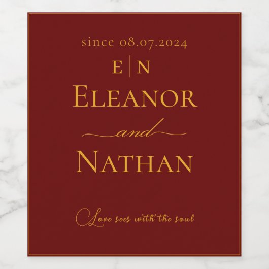 Love I Happy Couple Monogram Bourgogne en goud Wijn Etiket (Enkel label)