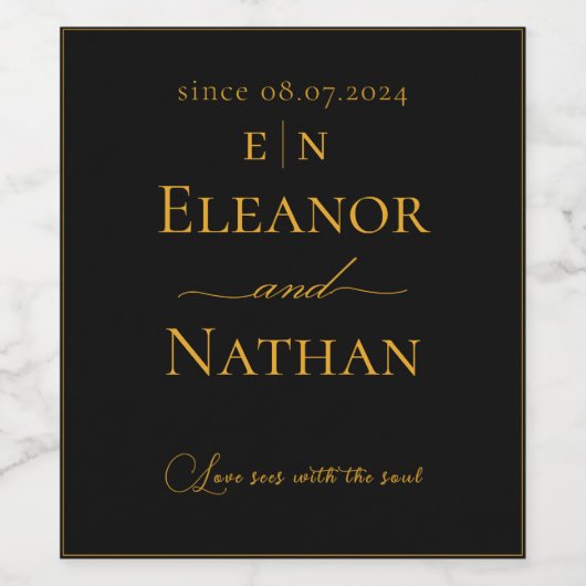 Love I Happy Couple Monogram Zwart en Goud Wijn Etiket (Enkel label)