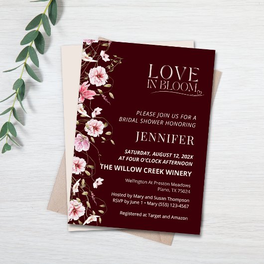 Love in Bloom Burgundy Floral Bridal Shower Kaart