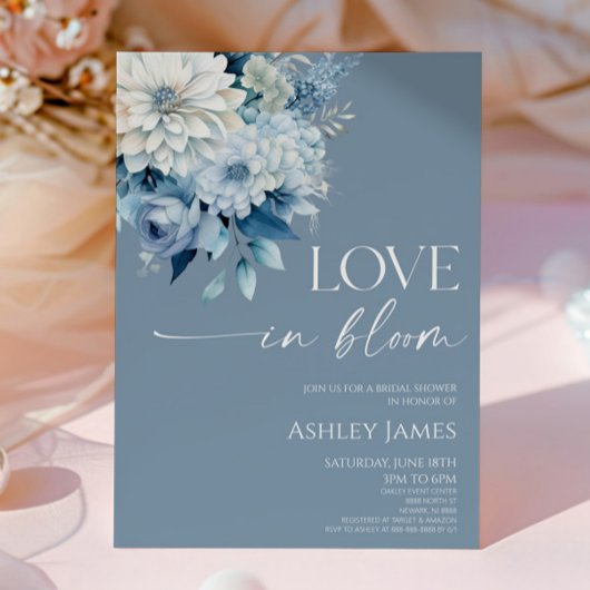 Love In Bloom Dusty Blue Floral Bridal Shower Kaart