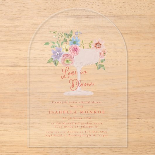 Love in Bloom Floral Garden Bridal Shower Acryl Uitnodigingen (Voorkant)