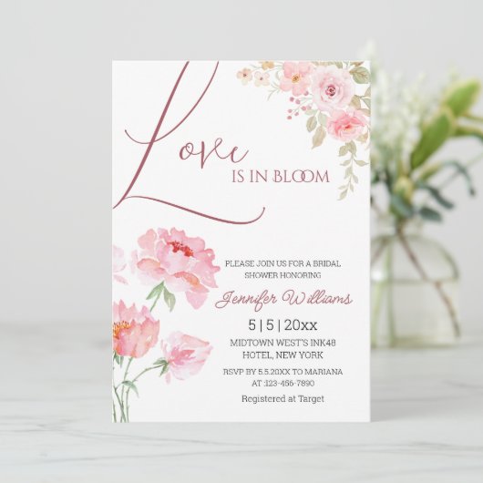 Love In Bloom Pink Blush Flowers vrijgezellenfeest Kaart (Staand voorkant)