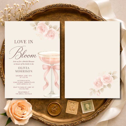 Love in Bloom Pink Champagne Bow Bridal Shower Kaart