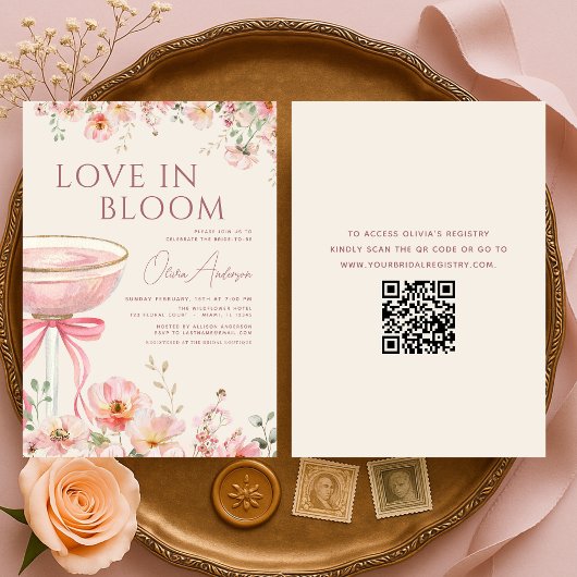 Love in Bloom QR Code Champagne Bow Bridal Shower Kaart