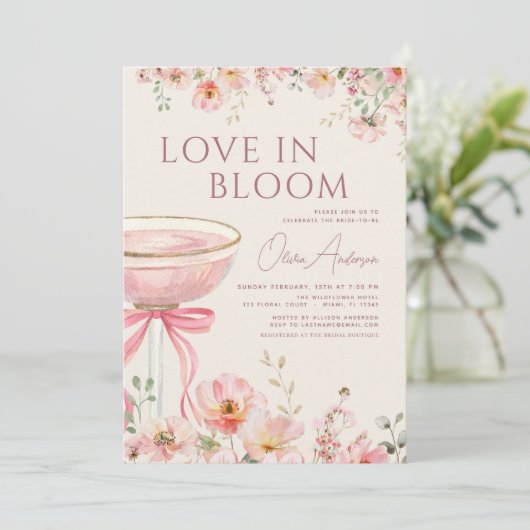 Love in Bloom QR Code Champagne Bow Bridal Shower Kaart (Staand voorkant)