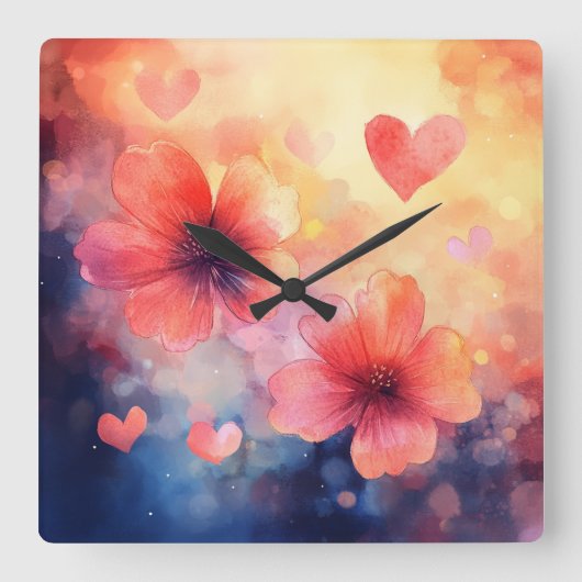 Love in Bloom – Romantic Square Floral Wall Clock Vierkante Klok (Voorkant)