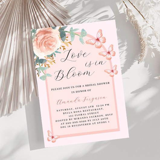 Love in Bloom roze vlinderboog Bruidsdouche Kaart