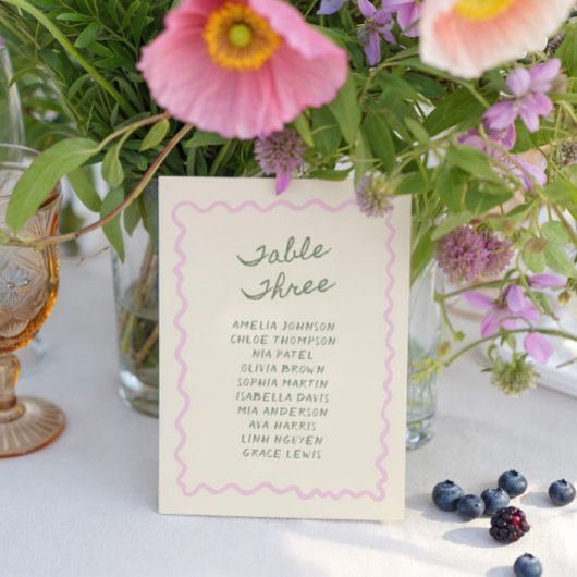 Love in Bloom Whimsical Handwritten Table 3 Card Kaart