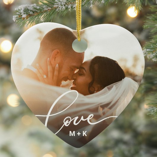 Love in Elegant Script Wedding Photo Keramisch Ornament