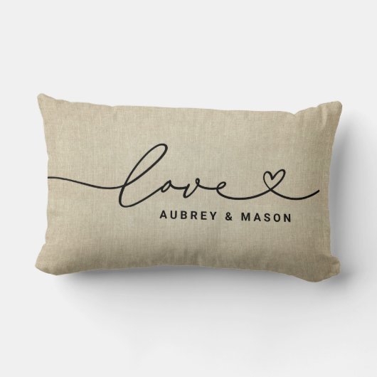 Love in Heart Script Rustic Linen Custom Monogram Kussen (Achterkant)