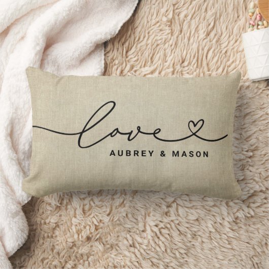 Love in Heart Script Rustic Linen Custom Monogram Kussen (Deken)
