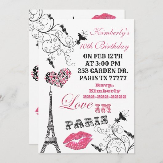 Love in Paris Eiffel Tower Party Invitation Kaart (Voorkant / Achterkant)