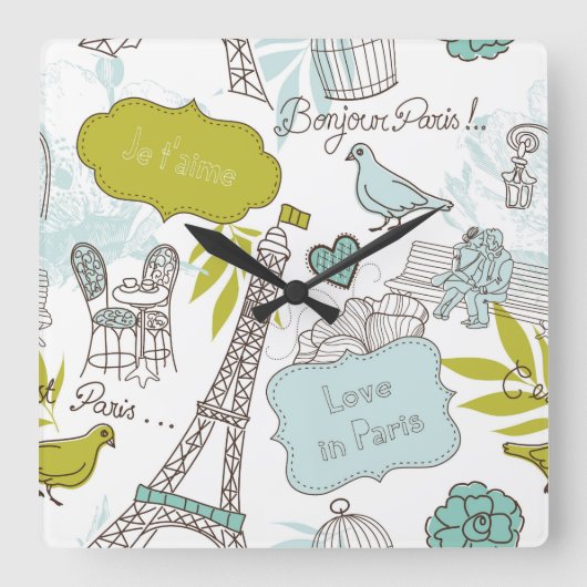 Love in Paris Pattern Vierkante Klok (Voorkant)