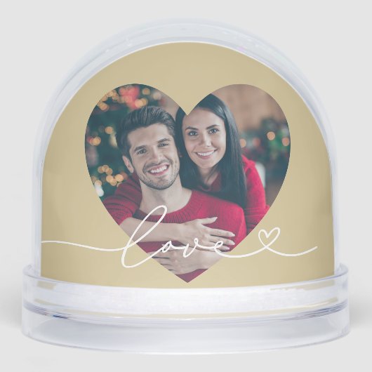 Love in Script Gold Custom Heart Shaped Photo Sneeuwbol (Voorkant)