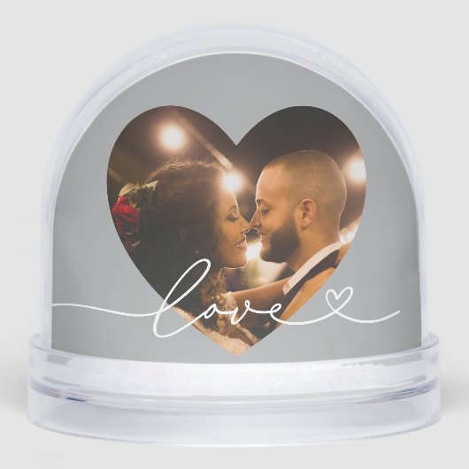 Love in Script Silver Custom Heart Shaped Photo Sneeuwbol (Voorkant)