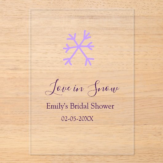 Love in Snow bridal shower purple snowflakes paste Acryl Uitnodigingen (Voorkant)