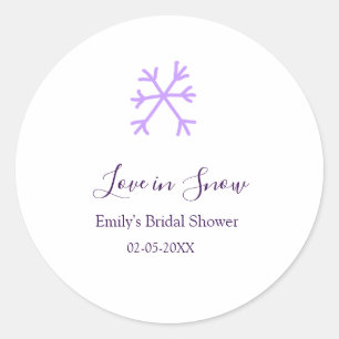 Love in Snow bruiloftsfeest paarse sneeuwvlokken p Ronde Sticker