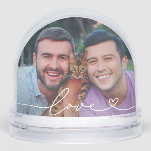 Love in White Script with Heart Custom Photo Sneeuwbol (Voorkant)