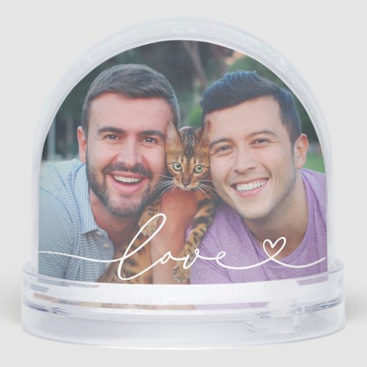 Love in White Script with Heart Custom Photo Sneeuwbol (Achterkant)