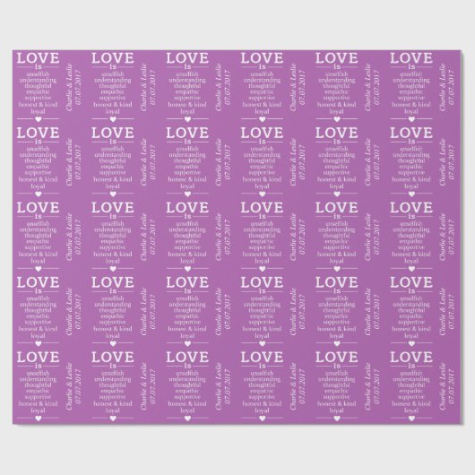 "Love Is" aangepaste namen datum & kleur inpakpapi Cadeaupapier (Vlak)