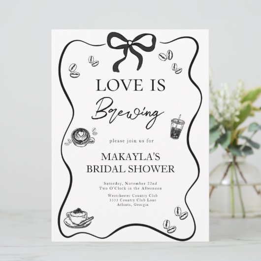 Love is Brewing Black Bow modern Bridal Shower Kaart (Staand voorkant)