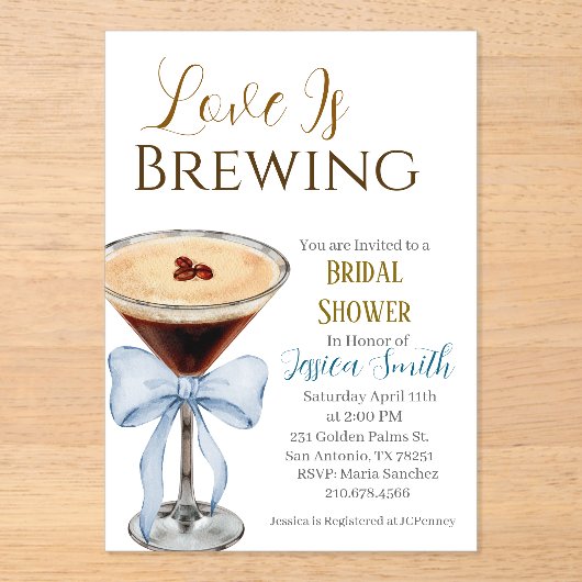 Love is Brewing Blue Bridal Shower Invitation  Acryl Uitnodigingen (Voorkant)