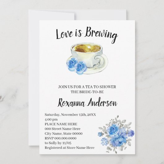 Love is Brewing Blue Flowers Tea Vrijgezellenfeest Kaart (Voorkant)