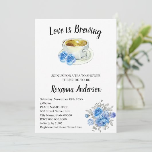 Love is Brewing Blue Flowers Tea Vrijgezellenfeest Kaart (Staand voorkant)