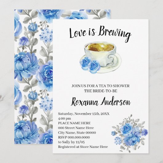 Love is Brewing Blue Flowers Tea Vrijgezellenfeest Kaart (Voorkant / Achterkant)