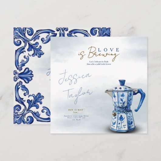 Love is Brewing Chinoiserie blue Bridal Shower Inv Kaart (Voorkant / Achterkant)